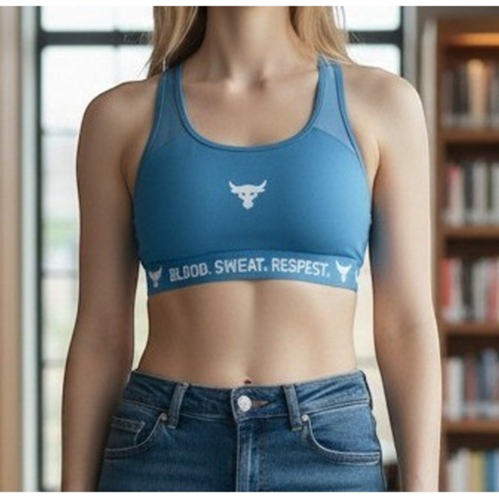 Under Armour Project Rock Sports Bra Solid Womens L Blue Dwayne Johnson Workout